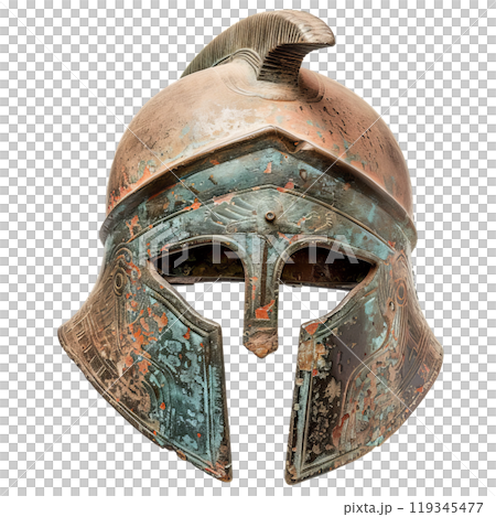 Authentic greek corinthian helmet with patina, isolated on a transparent background for design use Authentic greek corinthian helmet with patina, isolated on a transparent background for design use 119345477