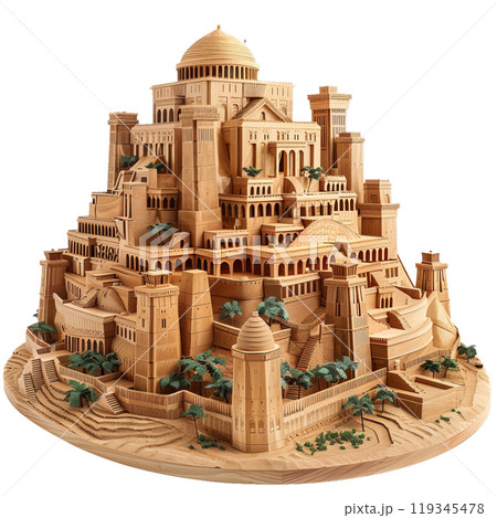 Beautifully crafted wooden castle model with detailed architecture and miniature trees 119345478