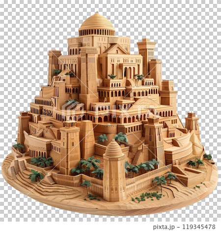 Beautifully crafted wooden castle model with detailed architecture and miniature trees 119345478