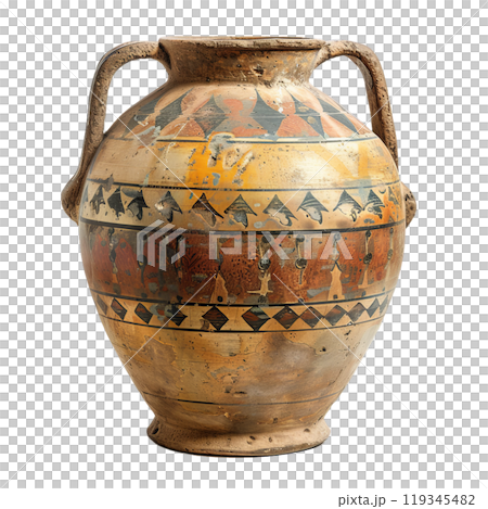 Isolated image of an ancient terracotta vase featuring ethnic patterns on a transparent background 119345482