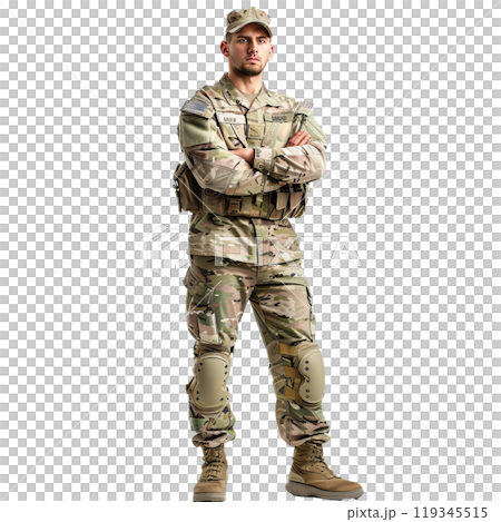 Sternlooking man in military camouflage attire stands with arms crossed on a transparent background 119345515