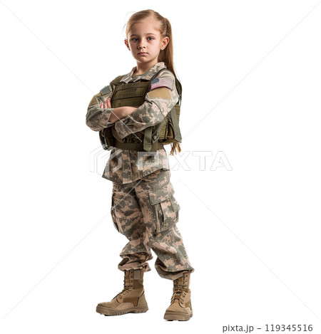 Young kid stands confidently in military fatigues and vest against an isolated background 119345516