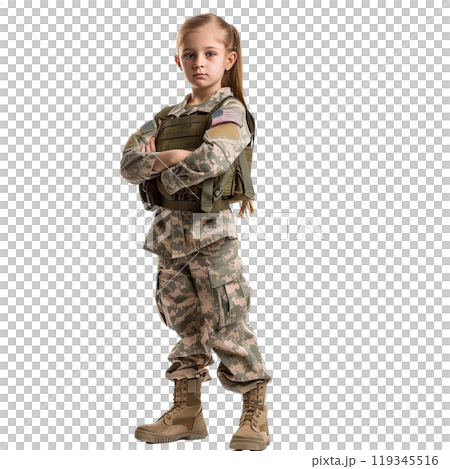 Young kid stands confidently in military fatigues and vest against an isolated background 119345516