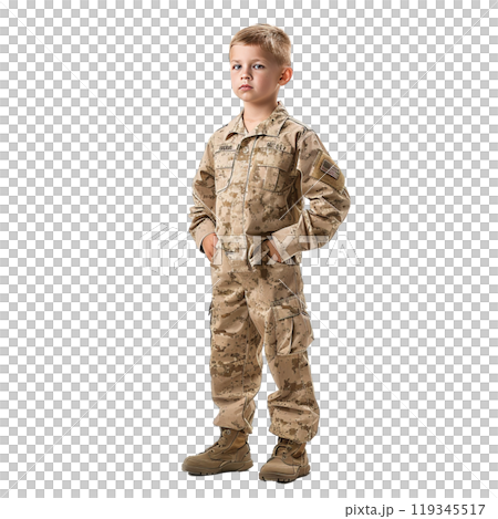 Confident child posing in a camouflage military uniform on a transparent background 119345517