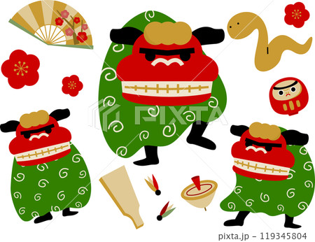 踊る獅子舞のフラットイラストセット 踊る獅子舞のフラットイラストセット 119345804