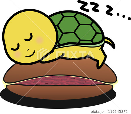 どら焼きの上で寝る可愛い亀のキャラクターイラスト 119345872