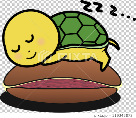 どら焼きの上で寝る可愛い亀のキャラクターイラスト 119345872