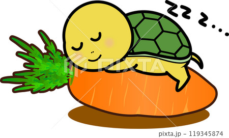 にんじんの上で寝る可愛い亀のキャラクターイラスト にんじんの上で寝る可愛い亀のキャラクターイラスト 119345874