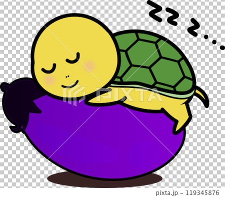 一隻可愛的烏龜睡在茄子上的人物插圖 一隻可愛的烏龜睡在茄子上的人物插圖 119345876