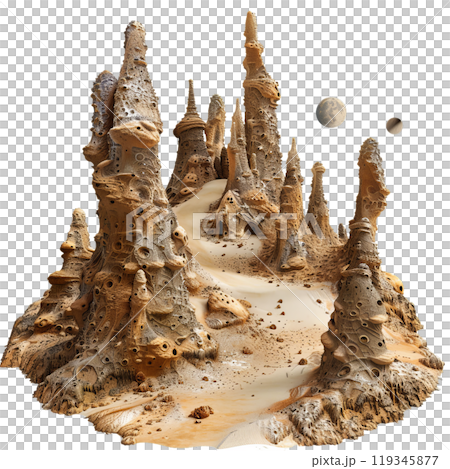 Surreal and otherworldly eroded sandstone formation in a fantastic and extraterrestrial desert landscape. Digital art of a unique and intricate geological sculpture 119345877