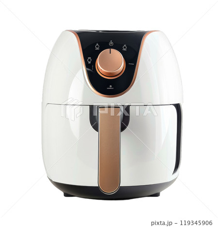 Contemporary air fryer with digital controls isolated on a transparent checkered pattern 119345906