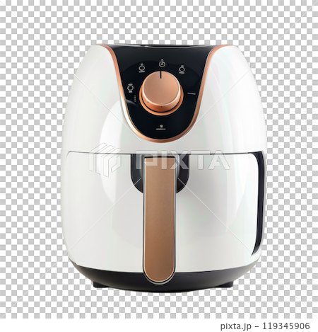 Contemporary air fryer with digital controls isolated on a transparent checkered pattern 119345906