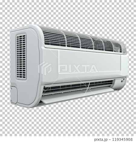 Sleek split air conditioning unit isolated against a grey background, emphasizing its design and features Sleek split air conditioning unit isolated against a grey background, emphasizing its design and features 119345908