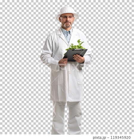 Professional botanist examines a plant specimen, isolated on a transparent background for versatility Professional botanist examines a plant specimen, isolated on a transparent background for versatility 119345920