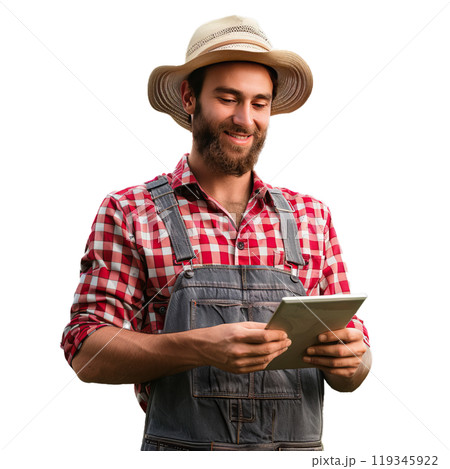 Happy young farmer in a hat and overalls jotting down notes in a small notebook 119345922