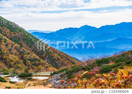 【長野県】ナナカマドの実が赤く色づいた、秋の千畳敷カール 119346004