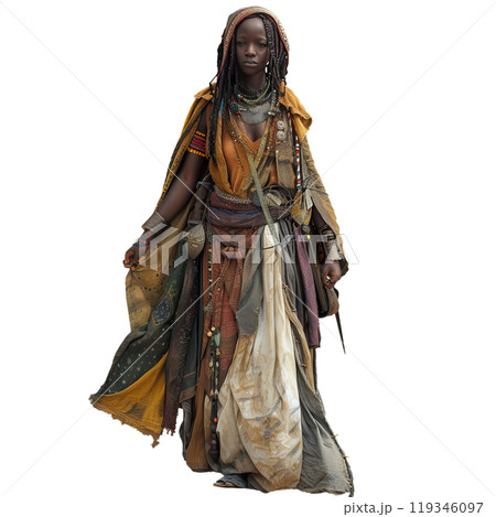 Poised woman showcasing rich, colorful traditional african clothing with intricate beadwork 119346097