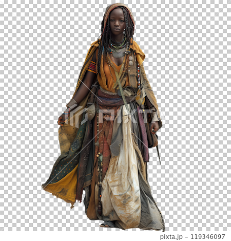Poised woman showcasing rich, colorful traditional african clothing with intricate beadwork 119346097