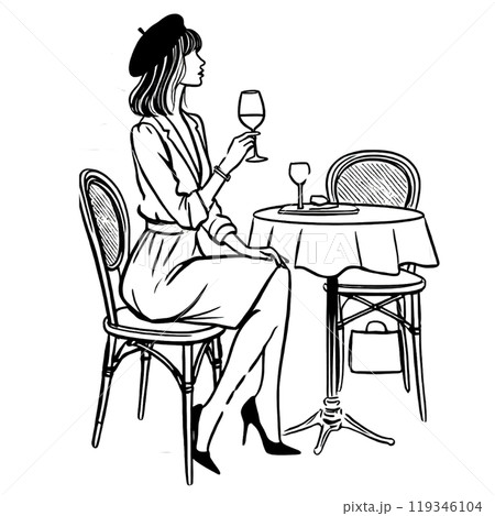 ワインを飲む女性の線画イラスト 119346104