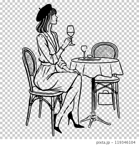ワインを飲む女性の線画イラスト 119346104