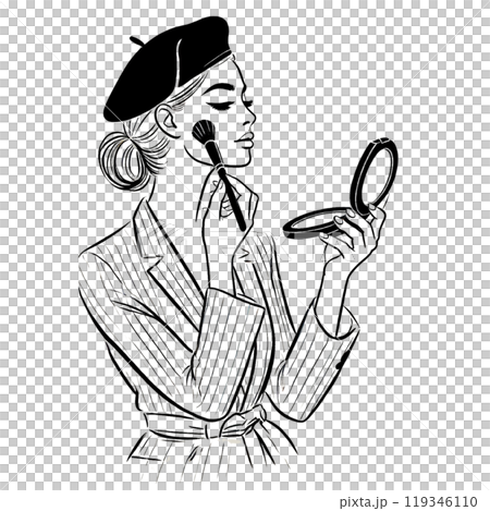 Line drawing illustration of a woman putting on makeup Line drawing illustration of a woman putting on makeup 119346110