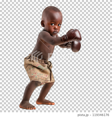 Adorable young child with boxing gloves posing in a fighting stance on a transparent background 119346176