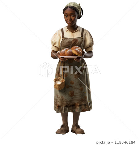 Woman in cultural attire presents homemade bread with pride 119346184