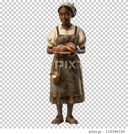 Woman in cultural attire presents homemade bread with pride 119346184