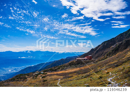 【長野県】秋の千畳敷カールを登山する人達 119346239