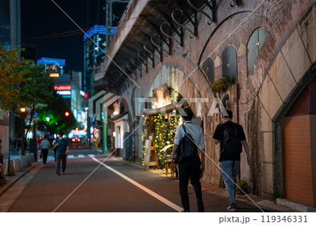 夜の東京都内、鉄道ガード下の風景　飲食店グルメ、仕事帰りのサラリーマン他の後ろ姿を撮影 119346331