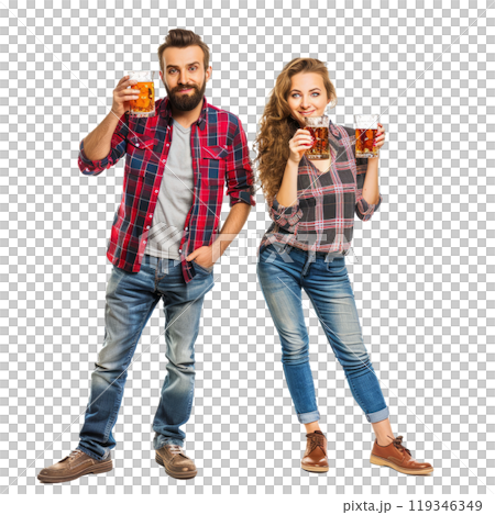 Young man and woman in casual attire smiling and toasting with beer mugs on transparent background 119346349