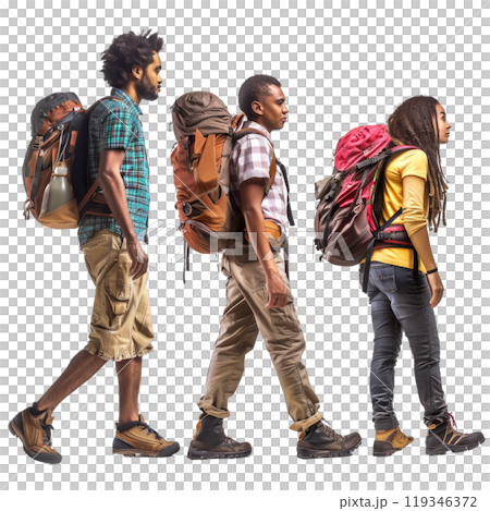 Diverse group of four hikers with backpacks stepping forward in profile view on a transparent background 119346372