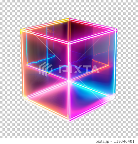Vibrant neon cube with glowing edges on a checkered transparent background 119346401