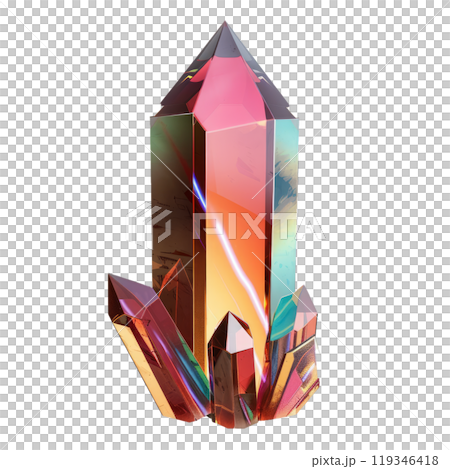 Vibrant, digitally rendered cluster of crystals with iridescent colors, isolated on a transparent background Vibrant, digitally rendered cluster of crystals with iridescent colors, isolated on a transparent background 119346418