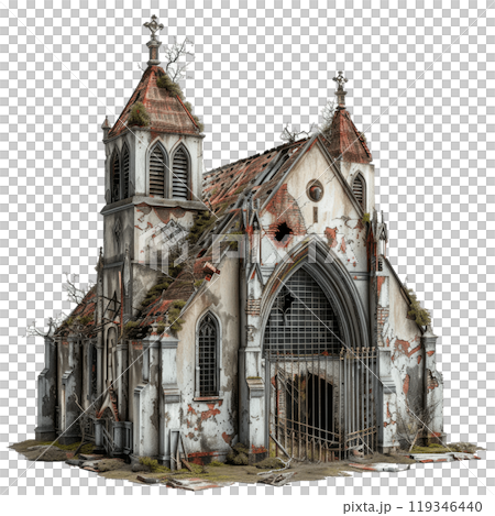 Isolated image of a dilapidated church covered in plants, depicting decay and abandonment 119346440