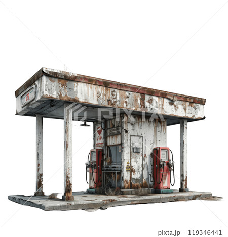 Detailed illustration of a weathered, old gas station with a vintage feel, isolated for design use 119346441