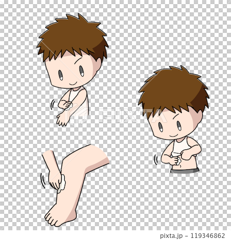 Three illustrations of a boy applying medicine to his body 119346862
