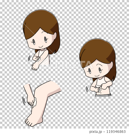 Three illustrations of a woman applying medicine to her body 119346863