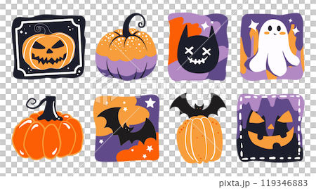 Set of isolated cute Halloween decoration elements for sticker, badge, tag or label on a transparent background, Volume 13: Black, purple and orange color tones. 119346883