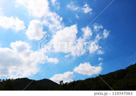 明るい秋の空と白い雲　のどかな風景 119347063