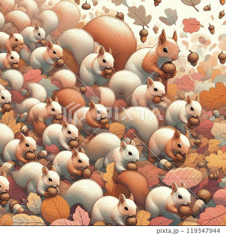 落ち葉の中でドングリを拾うリス 119347944