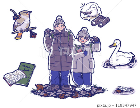 バードウォッチングをする親子のイラストセット バードウォッチングをする親子のイラストセット 119347947