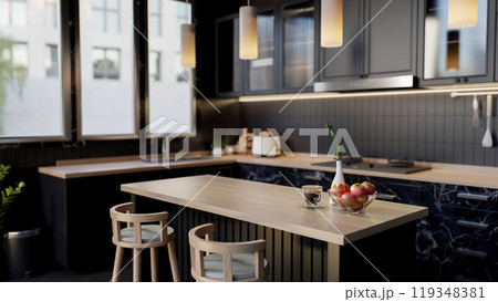 The interior design of a modern, luxurious kitchen in a sleek black style. 119348381