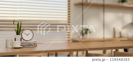 A wooden tabletop in a minimalist Scandinavian room. cafe or living room interior 119348383