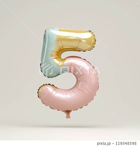 A pastel-colored balloon shaped like the number five, featuring shades of gold, green, and pink. It is isolated on a white background. 119348598