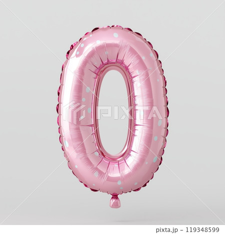 A pink balloon shaped like the number zero with white polka dots. It is isolated on a white background. 119348599