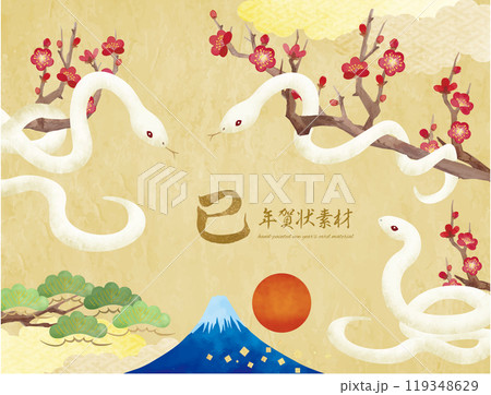 梅の花と白い蛇の巳年の年賀状素材セット 119348629