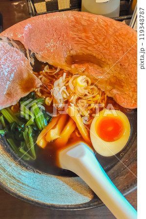 Ramen, Japanese style noodle, with wagyu beef in soy sauce, Takayama famous style in Japan 119348787