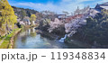 Cherry blossom in spring under clear blue sky in Takayama, Japan 119348834