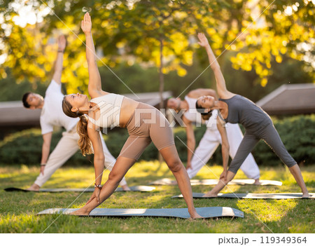 Girl enjoying group yoga session on green glade 119349364